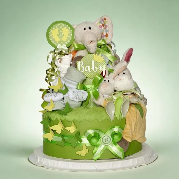 Neutral Diaper Cake No. 1.191 “Dundi &amp; Friends” – Two-Tier with NICI – Baby Shower & Christening Gift