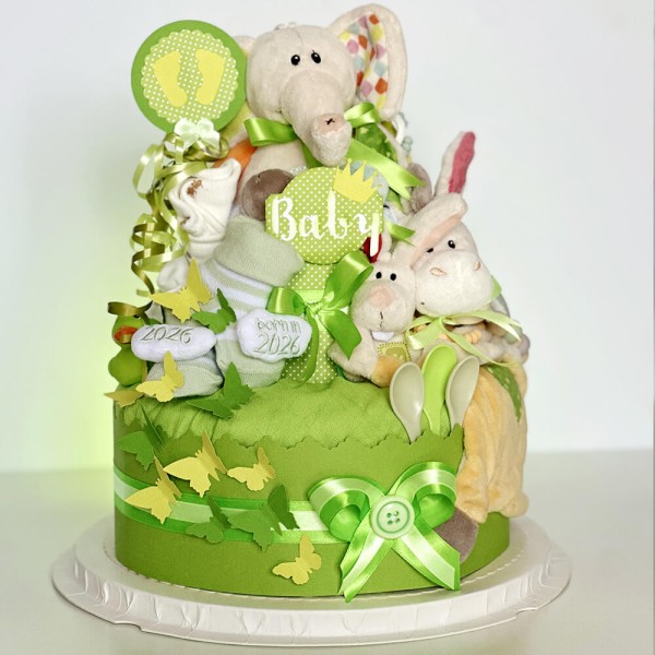 Neutral Diaper Cake No. 1.191 “Dundi &amp; Friends” – Two-Tier with NICI – View 2