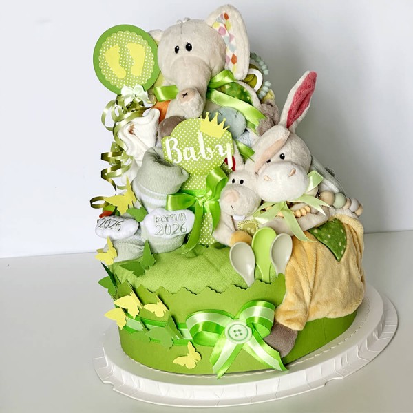 Neutral Diaper Cake No. 1.191 “Dundi &amp; Friends” – Two-Tier with NICI – View 4