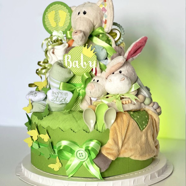 Neutral Diaper Cake No. 1.191 “Dundi &amp; Friends” – Two-Tier with NICI – View 3