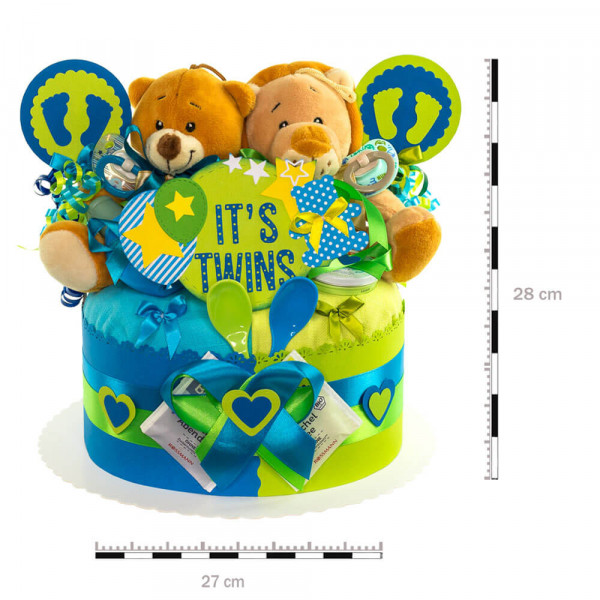 Windeltorte Teddy Bär für Zwillinge Nr. 1.203 – Inhalt: Windeln & Babyartikel