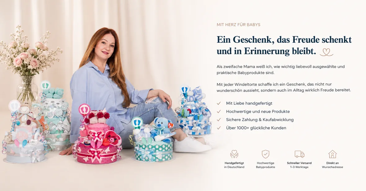 Handgefertigte Windeltorten als Geschenk zur Geburt von MomsStory – mit Liebe in Deutschland gefertigt