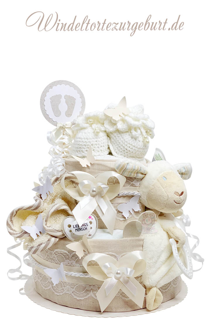 Tarta de pañales unisex N.º 1.103 con doudou de ovejita