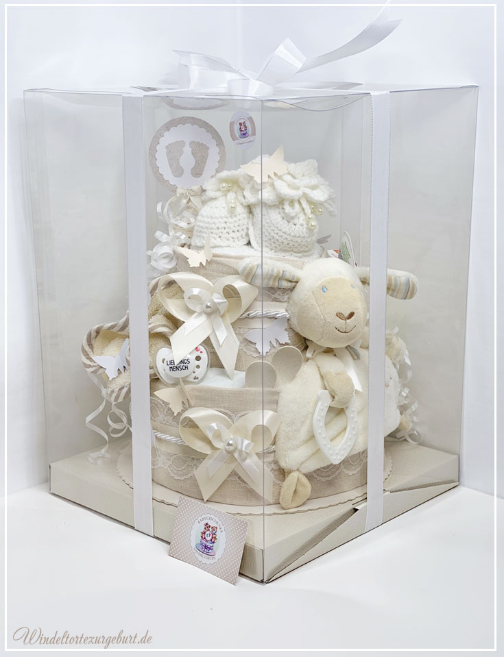 Tarta de pañales unisex N.º 1.103 con doudou de ovejita