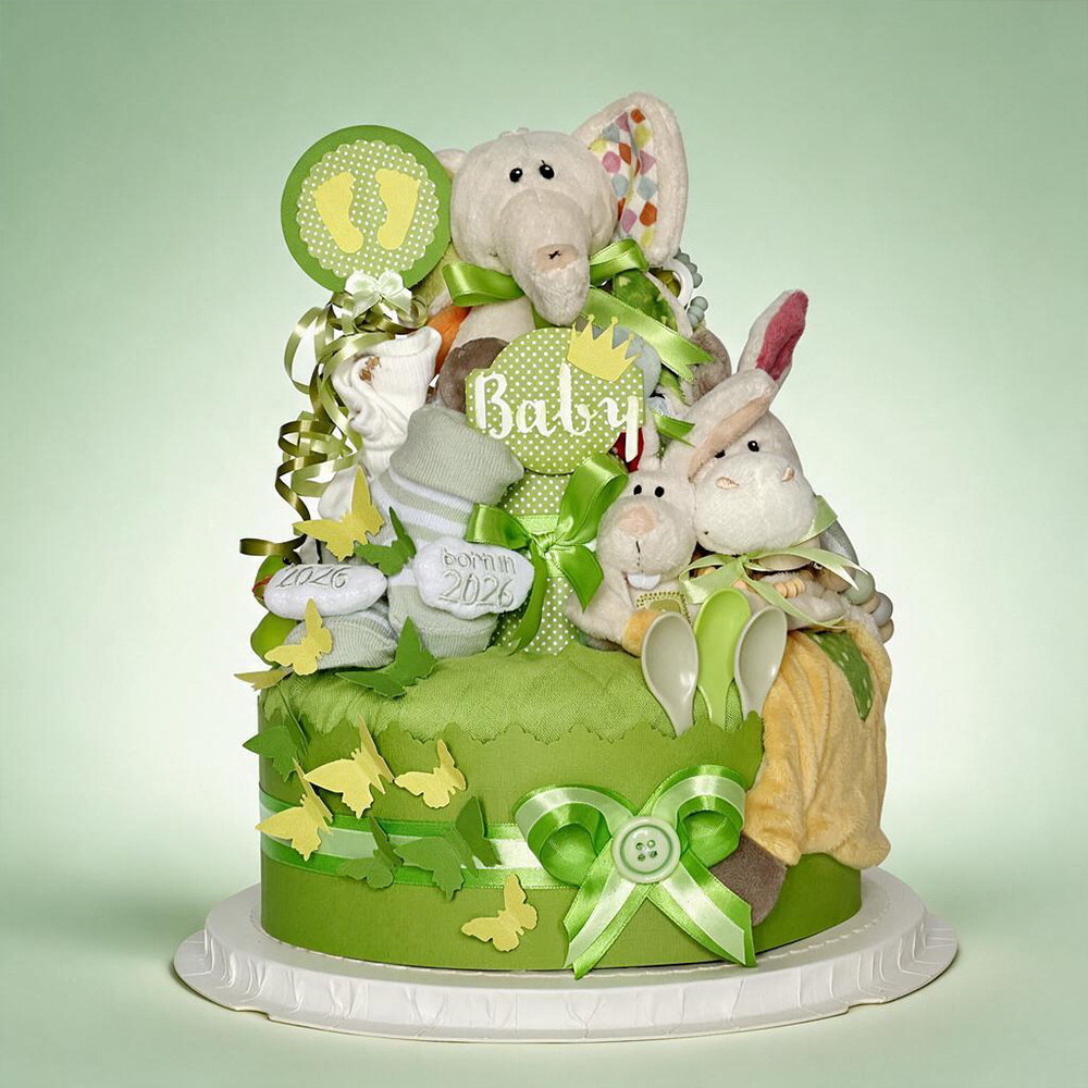 Neutral Diaper Cake No. 1.191 with NICI elephant Dundi, donkey and Tilli the bunny in spring green