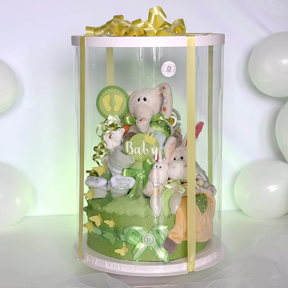 Diaper Cake No. 1.191 in a transparent gift box with a yellow bow