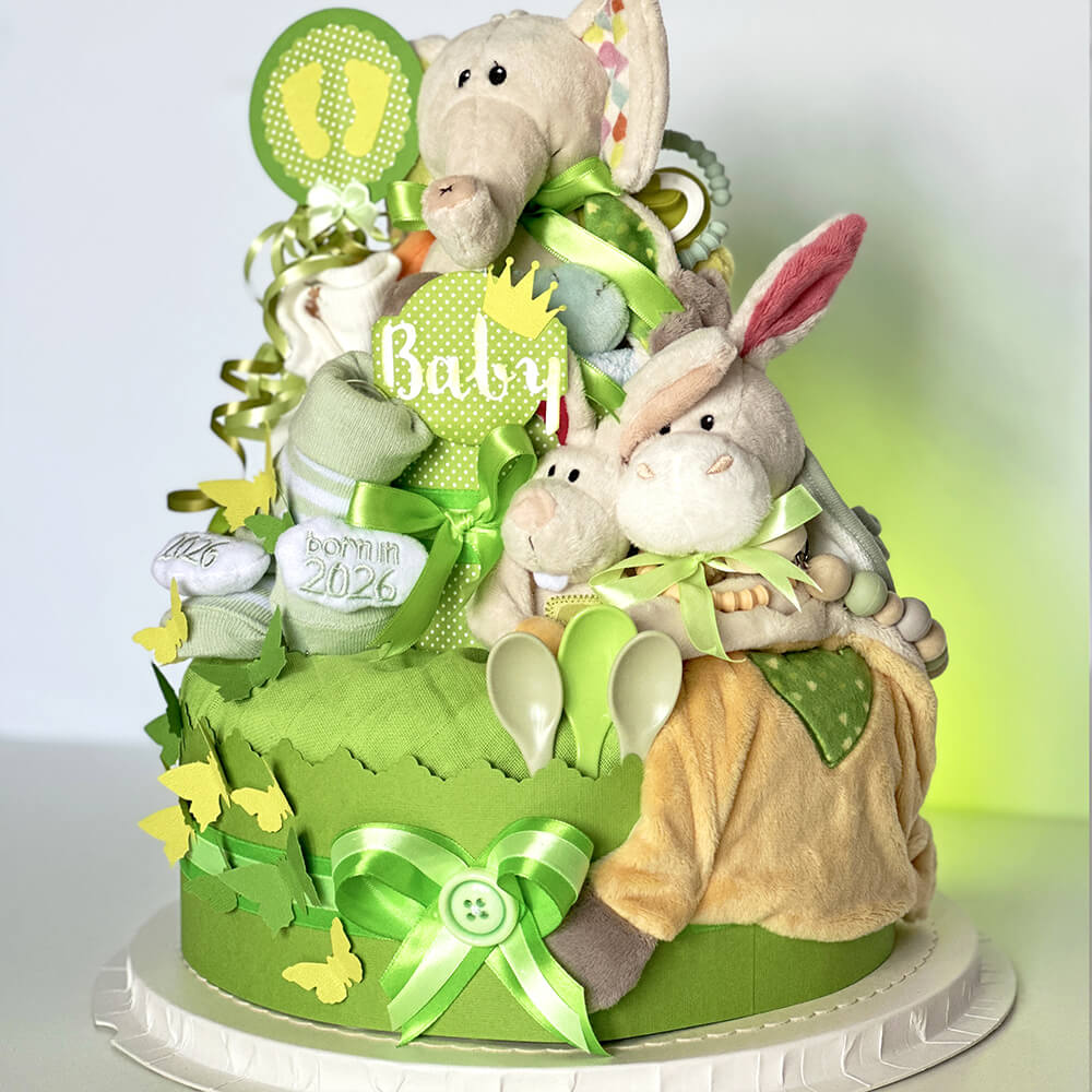 Diaper Cake No. 1.191 side view with donkey comforter and baby spoons