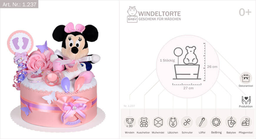 Rosa Mini Mouse Disney Babyshower Windeltorte Mädchen 1 Stöckig MomsStory Geschenk zur Geburt Taufe