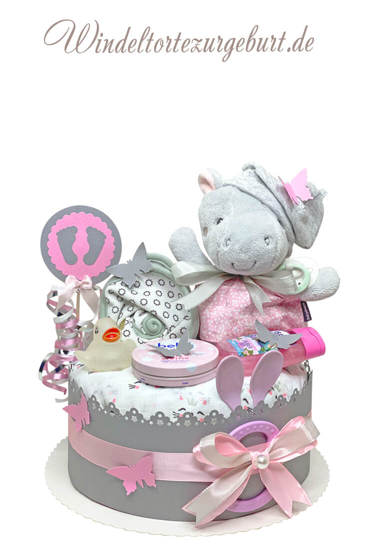 Tarta de pañales Hipopótamo para niñas N.º 1.245