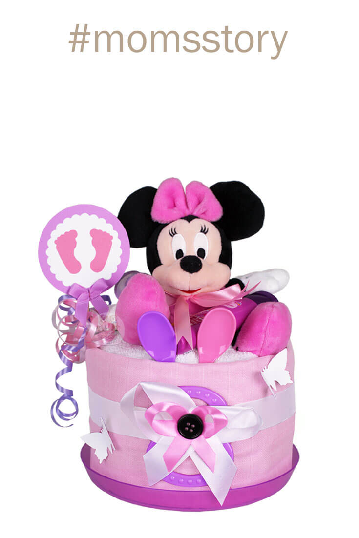 1 Stöckig Geschenk zur Geburt MomsStory Windeltorte Mädchen Mini Mouse Disney Lila/Pink Taufe Babyshower 