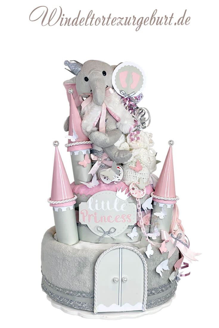 Tarta de pañales para niñas N.º 1.432 Elefante, Castillo de pañales